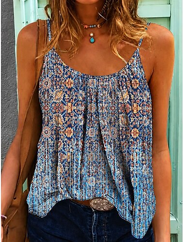  Per donna Camicia Blusa Stampato Grafico Geometrico Paisley Bohemien Vintage Moda Senza Maniche Spalline Top lunghi Casuale Quotidiano Blu Estate Primavera
