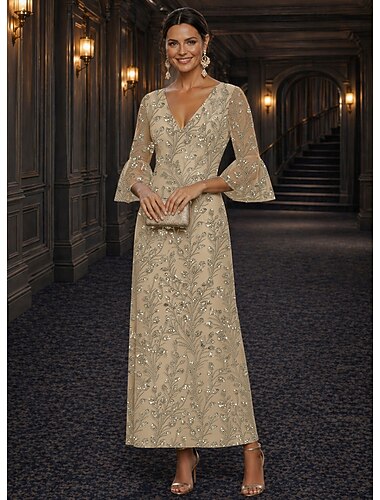  Ligne A Robe Longueur au sol Longueur cheville Robe de Cocktail Robe de Mère de Mariée  manche longue Col en V Élégant Luxueux Éclat & Brillance Formel robe demoiselle d honneur Semi-Formel Dentelle