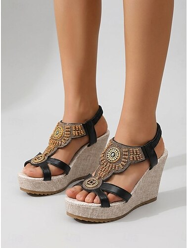  Sandalias de cuña bohemias para mujer: elegantes tacones de plataforma de estilo étnico con adornos tribales de cuentas para vacaciones al aire libre en resorts y fiestas de verano en el jardín.