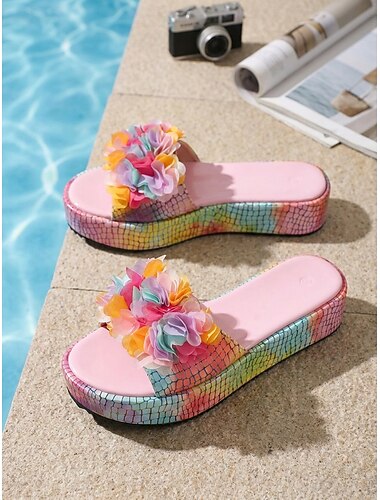  Sandali con plateau da donna colorati a forma di fiore - ciabatte con suola spessa effetto coccodrillo arcobaleno per feste in piscina estive, vacanze al mare e relax in resort