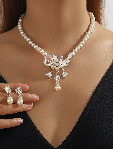  Set di Gioielli 2 Perla Perla Orecchini Collana Per donna Elegante Rotondo Parure di gioielli Per Feste Matrimonio