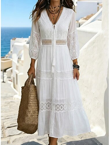  Dames Maxi-jurk Kanten jurk Witte jurk Zomerjurk Elegant Modieus Strand Vakantie Feestdagen Normale pasvorm Bloemig Lange mouw V-hals Wit Zomer Lente