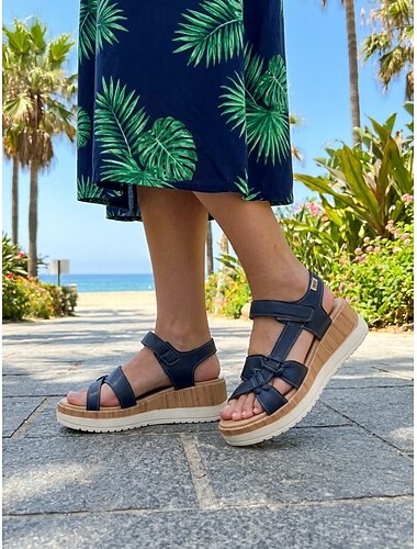 Sandali da donna blu con zeppa e cinturino laterale a T – sandali estivi intrecciati a punta aperta e regolabili, ideali per l'uso quotidiano e le uscite informali.