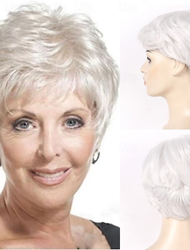  Parrucche sintetiche corte color argento con frangia per donne anziane, bianche, eleganti e soffici, a strati, parrucche naturali soffici e resistenti al calore per mamma, nonna e nonna.