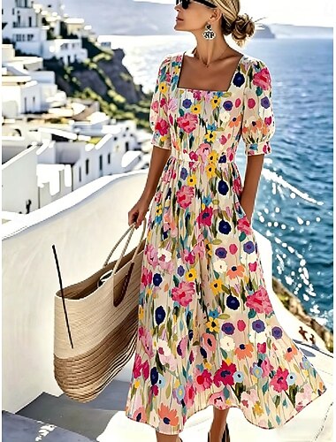  Per donna Abito Midi Vestito Casual Abito a trapezio Elegante Vacanza Boho Spiaggia Ferie Vestibilità regolare Floreale Grafico Mezza Manica Collo quadrato Blu Rosa Verde Estate Primavera