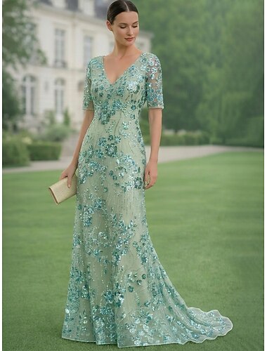 Meerjungfrauen-/Trompetenabend Bodenlang Abendkleid Ballkleid mit Überrock Elegant Glitzernd Blumen Kurzarm V Ausschnitt Abendgesellschaft Gartenparty Chiffon Tüll mit Gestickte Blume Paillette