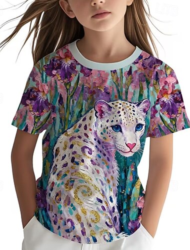  Mädchen 3D Grafik Leopard T-Shirt Kurzarm 3D-Druck Sommer Frühling Sport Mode Streetwear Kinder 5-12 Jahre Rundhalsausschnitt Lässig Täglich Outdoor Normale Passform