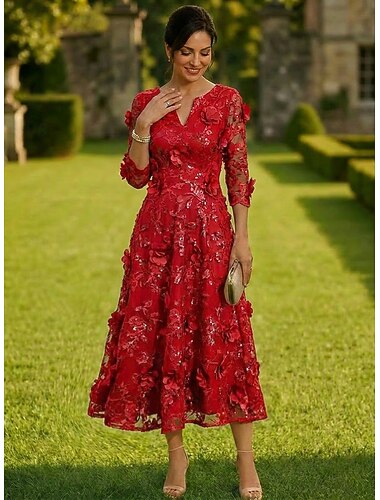  Linea ad A Lunghezza Tè Abito in Pizzo Abito da cerimonia per signora Manica Lunga Scollo a V Elegante Vintage Formale Ospite di nozze Ricevimento di matrimonio Raso Pizzo con Fiori 3D Paillettes