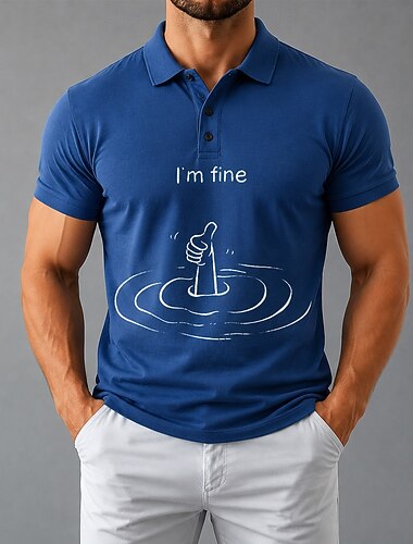  Ik ben oké, heren poloshirts met tekst, poloshirts met korte mouwen, poloshirts met kraag, revers, business casual, business athleisure, 3D-geprinte knopen, ademend mesh, zomer, lente, blauw, rood,