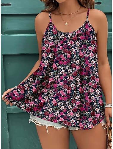  Mujer Blusa Estampado Espalda al Aire Floral Graphic Plantas Bohemia Vintage Tropical Sin Mangas Correas Tops regulares Casual Diario Negro Rojo Verano Primavera