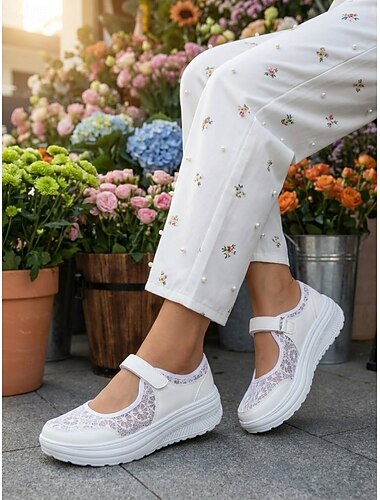  Damesschoenen in Mary Jane-stijl met witte kanten details en klittenbandsluiting, ademende, casual platformschoenen voor op reis of om te wandelen. &alledaags comfort