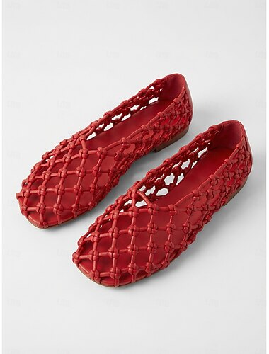  Ballerines rouges en maille tressée pour femmes - chaussures respirantes à brides tressées et bout carré, sandales d'été confortables pour la plage et les vacances