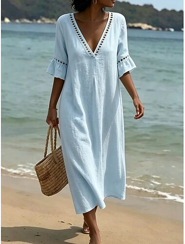  Damen Midikleid Sommerkleid Freizeitkleid Urlaub Lässig Boho Strand Party Date Lässiger Schnitt Einfach Kurzarm V Ausschnitt Blau Weiß Rosa Rote Sommer Frühling
