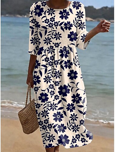  Mujer Vestido Midi Vestido de verano Vacaciones Casual Boho Festivos Ajuste regular Floral Graphic Media Manga Cuello Barco Rosa Claro Azul cielo Beige Verano Primavera