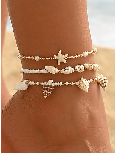  Set di 3 cavigliere da donna in stile bohémien con conchiglie e stelle marine, gioielli elastici per i piedi da spiaggia in resina con conchiglie, ideali per vacanze al mare, viaggi estivi e