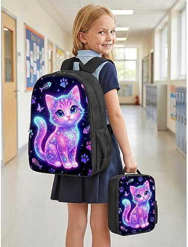  Meisjesrugzakset met kattenprint, 3-delige schoolrugzak met grote capaciteit en lunchtas. &Etui, schattige polyester schooltas met galaxy-kattenprint voor basisschoolleerlingen en op reis. &dagelijks