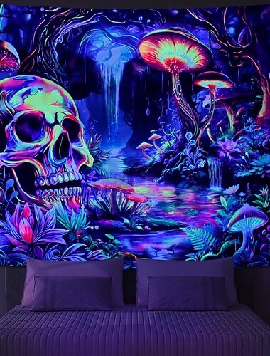  Tapiz de calavera con luz negra, decoración de pared con setas reactivas a los rayos UV, tapices de árboles de bosque fantástico, tapiz floral con cascada de luz negra para colgar en la pared de la sala de estar.