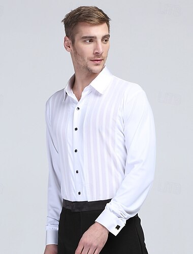  Camicia da ballo latino-americano da uomo bianca - top professionale slim fit per le esibizioni
