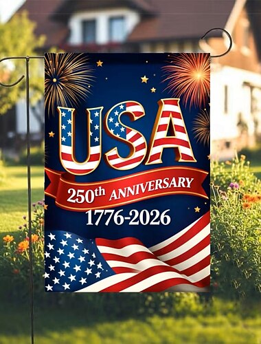  1776-2026 USA 250. évfordulós kerti zászló, hazafias amerikai születésnapi kültéri transzparens udvarra, gyepre, verandára vagy függetlenség napjára díszítve.