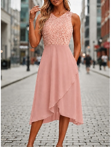  Damen Midikleid Chiffonkleid Paillettenkleid Cocktailkleid Elegant Mode Modern Urlaub Party Wochenende Normale Passform Blumen Ärmellos V Ausschnitt Schwarz Rosa Rote Grün Sommer Frühling