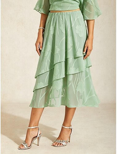 Femmes Élégant Midi Taille Moyenne Jupes Fleuri Dentelle A Volants Superposé Micro-Élastique Date Décontracté Quotidien Vert cendré Printemps, Automne, Hiver, Été