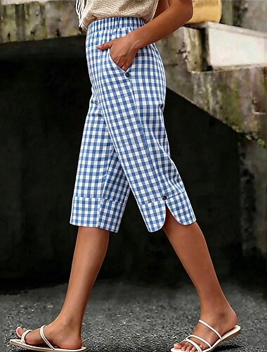 Mulheres Calças Capri Férias Básico Comprimento da panturrilha Cintura Alta Gráfico Xadrez Confortável Sem Elasticidade Férias Formal Roupa Diária Azul Preto Rosa Verde Verão Primavera Normal