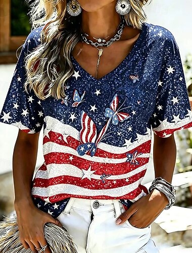  Giorno dell'Indipendenza Americana Per donna Maglietta Stampato Grafico Bandiera Americana Vintage Elegante Classico Manica Corta Scollo a V Top Regolari Casuale Quotidiano Blu Estate Primavera