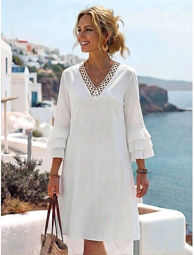  Dames Knielengte jurk Zonnejurk Casual jurk Vakantie Casual Boho Strand Feest Afspraakje Normale pasvorm Effen 3/4 mouw V-hals Wit Zomer Lente