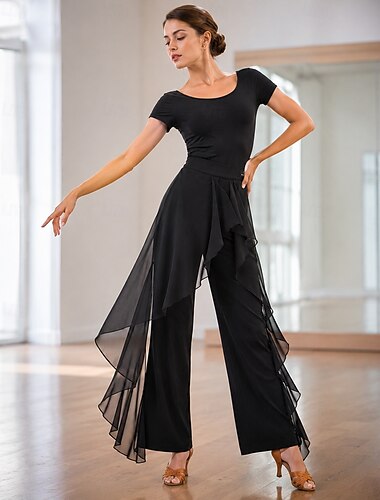  Latijns-Amerikaanse dansbroek, ballroomdansbroek met ruches, effen kleur, getailleerde broek, trainingsbroek voor dames, hoge spandex