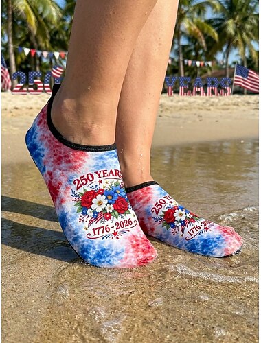  Scarpe da acqua da donna colorate con stampa floreale per l'anniversario degli Stati Uniti: leggere, ad asciugatura rapida, patriottiche, ideali per la spiaggia, la piscina e il giorno