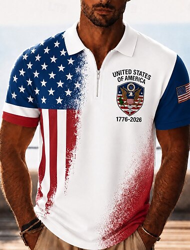  4 luglio 2026 250° Per uomo Bandiera Americana Polo con zip Manica Corta Magliette polo Camicie con Colletto Casual Abbigliamento da sera Abbigliamento da festa Stampa 3D Polo con cerniera a un quarto