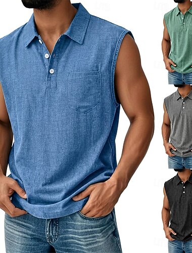  Herren Hemd Leinenhemd Sommerhemd Strandhemd Einfach Lässig Täglich Blau Schwarz Grün Khaki Ärmellos Kragen Sommer Frühling Bekleidung Tasche