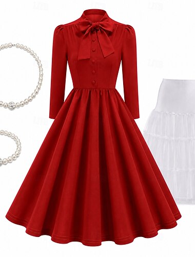  Conjunto Anos 50 Retro Vintage Longuette Vestidos Anágua Vestido swing com acessórios Justo & Evasê Balanço Decote Redondo Fantasia Mulheres Carnaval Ano Novo Baile de Máscaras Renascimento Festa de