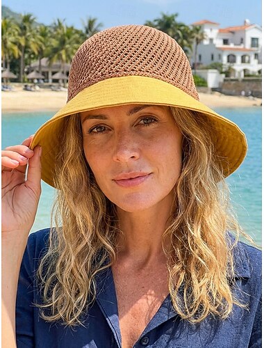  Dameszonnehoed met brede rand en strik, ademende polyester mesh zomerstrandhoed, opvouwbare pet met UV-bescherming voor op reis, tuinfeest, resort, casual buitenkleding