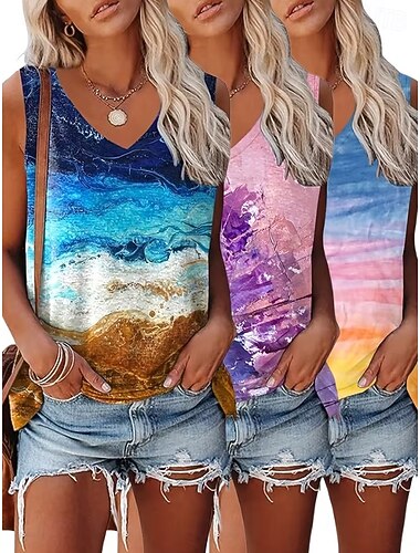  Per donna Canotta Stampato Grafico Astratto Elegante Essenziale Classico Senza Maniche Scollo a V Top corti Casuale Blu Viola chiaro Azzurro Estate Primavera