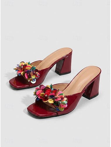  Sandali da donna in pelle verniciata color rosso vino - sandali glamour con paillettes multicolore e tacco alto e grosso, perfetti per feste serali e matrimoni. &abbigliamento da resort di lusso