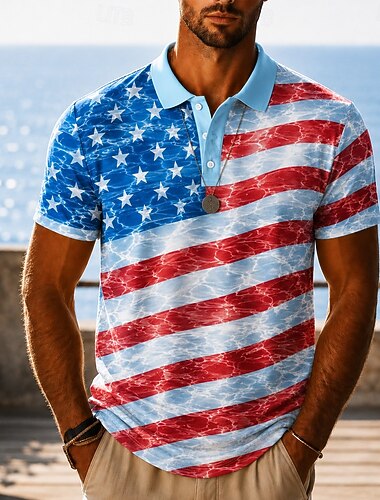  4 luglio 2026 250° Per uomo Bandiera Americana Polo Hawaiane Manica Corta Magliette polo Bavero Business Casual Athleisure Stampa 3D Bottoni Tessuto retato traspirante Primavera & Estate Blu 1 Blu 3