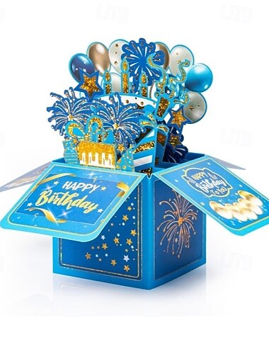  Biglietto d'auguri pop-up 3D per uomo e ragazzo, biglietto d'auguri con fuochi d'artificio blu e oro in una scatola, biglietto d'auguri pop-up unico con palloncini e torta, regalo di buon compleanno