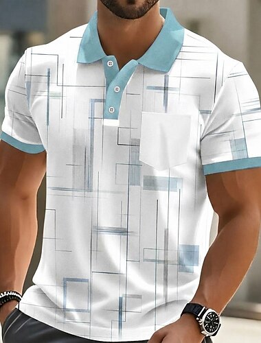  Hombre Geométrico Camisetas polo Manga Corta Camisas de polo Camisas con cuello Informal de negocios Exterior Ropa Deportiva Ropa Cotidiana Impresión 3D Botones Primavera verano Azul Piscina Rojo
