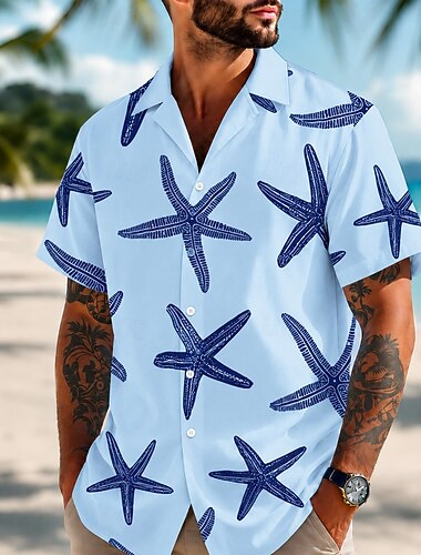  Homme Étoile de mer Chemise hawaïenne Chemises tropicales Chemise Aloha Manche Courte Hawaïen Quotidien Vacances à la Plage Été Printemps Col Rabattu Impression 3D Chemises boutonnées Bleu Blanche