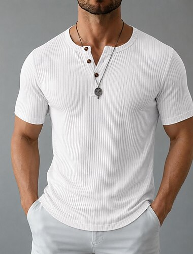  Herren Henley Oberteil Kurzarm Einfach Strickware Elegant Urlaub Gerippt Button-Down Henley Lässig Urlaub Ganzjahres Marineblau Schwarz Rosa Henley T-Shirt