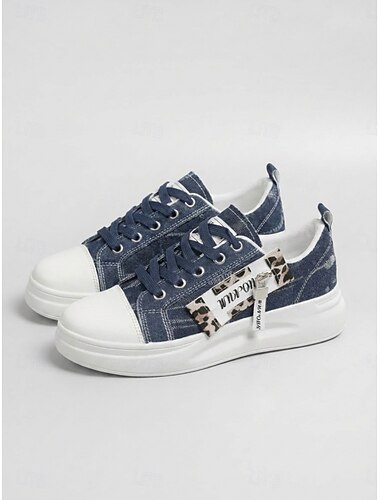  Damen-Sneaker aus blauem Denim – lässige Schnürschuhe mit Leopardenmuster-Akzent &Dicke weiße Sohle, vielseitiges Schuhwerk für Schule, Spaziergänge und Alltag