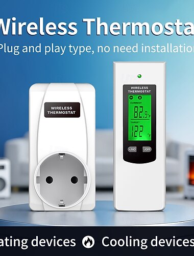  Draadloze thermostaat met afstandsbediening, programmeerbare temperatuurregelaar voor kachels, ventilatoren en kassen, digitale thermostaat met lcd-display, geen installatie nodig.