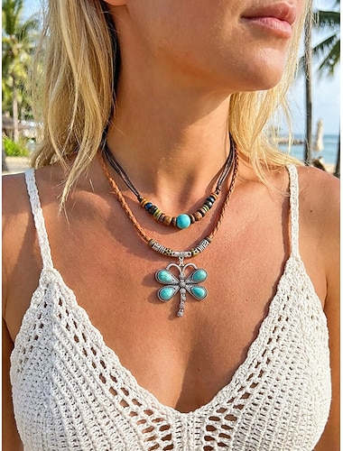  Damesketting met bohemian libellehanger, gelaagde choker van legering en leer met turkooizen kralen, dubbellaags, perfect voor strandvakanties, zomervakanties en dagelijks casual gebruik.