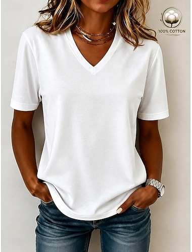  Camisetas femininas 100% algodão - camiseta básica de manga curta com decote em V de alta qualidade