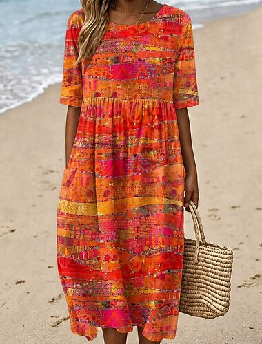  Dames Halflange jurk Schede jurk T shirt jurk A lijn jurk Zomerjurk Vakantie Casual Boho Dagelijks Zomerjurk Lente Jurk Ruim Passend Bloemig Grafisch Geometrisch Korte mouw Strakke ronde hals Zwart