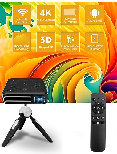  Intelligenter DLP-Mini-Projektor mit Android, tragbarer Taschenprojektor mit 4K-Dekodierung &3D-Projektor, integrierter 3000-mAh-Akku, Dualband-5G-WLAN/Bluetooth, Trapezkorrektur,