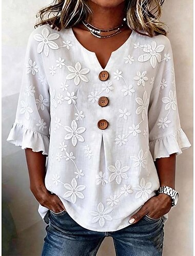  Per donna Camicia Blusa Arricciato Ricamato Bottoni Floreale Grafico Vintage Moda Elegante Manica 3/4 Scollo a V Top Regolari Casuale Bianco Estate Primavera