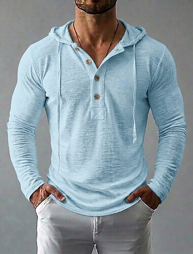  Herren Leinen-T-Shirt Langarm Mit Kapuze Frühling & Sommer Sommer Frühling Einfarbig Einfach Vintage Böhmische Lässig Durchsichtig Lässig Urlaub Straße Schwarz Weiß Hellblau Top T-Shirt für Herren