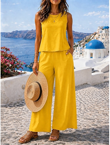  Per donna Set di biancheria in cotone Set da due pezzi Blusa Pantaloni Senza Maniche Girocollo Tinta unica Elegante Moda Streetwear Casuale Quotidiano All'aperto Nero Giallo Blu marino scuro Estate